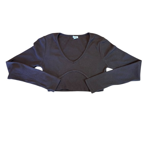 Garage Tops - Garage Shirt Womens Small Ribbed Long Sleeve V Neck Crop Top Brown